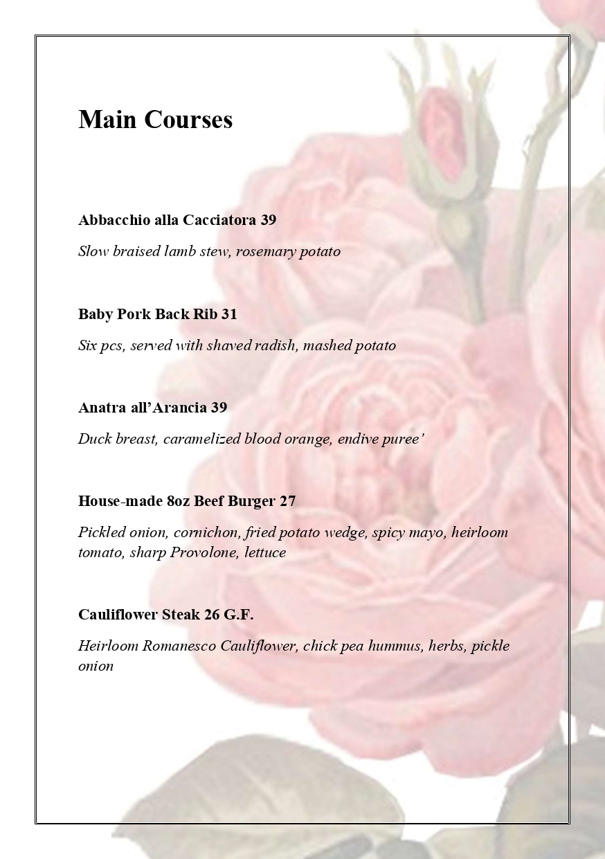 Menu - Milk and Roses Restaurant