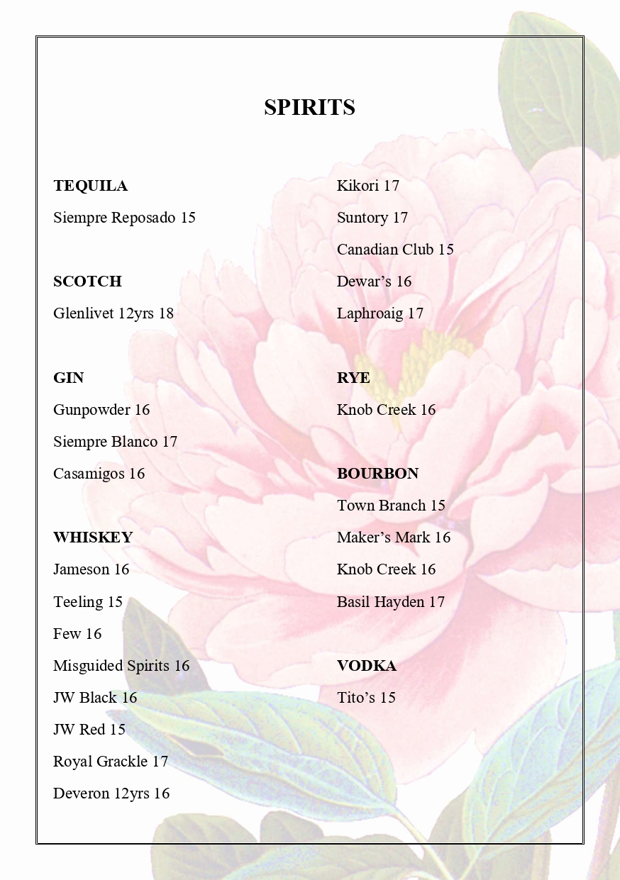 Menu - Milk and Roses Restaurant