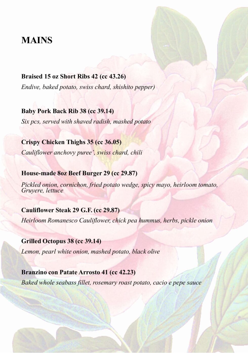 Menu - Milk and Roses Restaurant