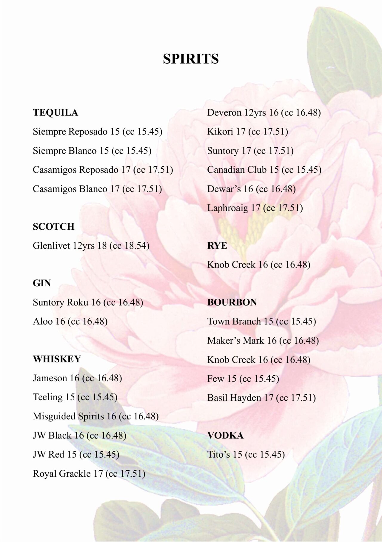 Menu - Milk and Roses Restaurant